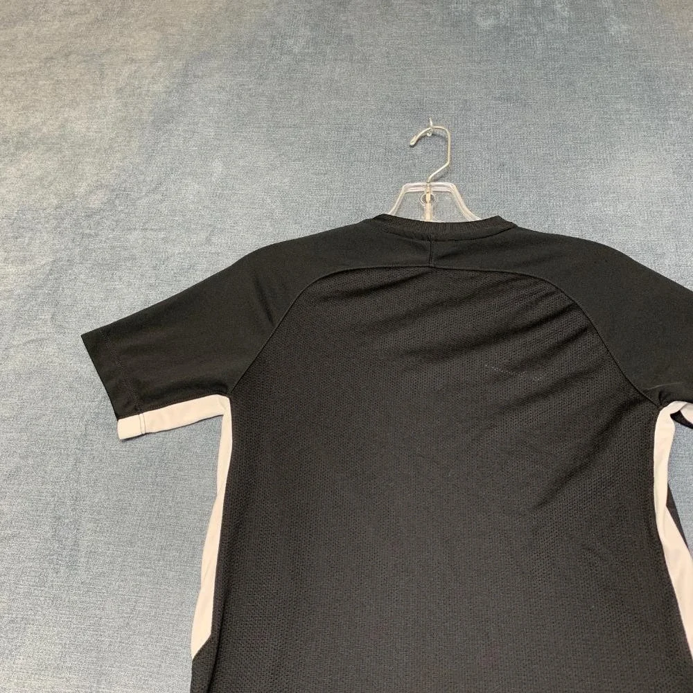 Nike Dri Fit T-Shirt Mens Large Black Striped Raglan Sleeve V Neck Swoosh Logo